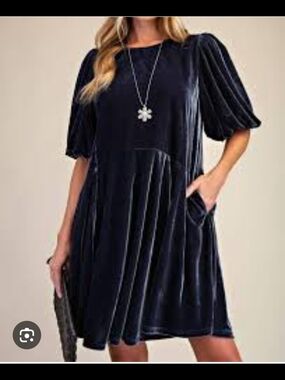 easel Velvet Puff-Sleeve Mini Dress in Navy